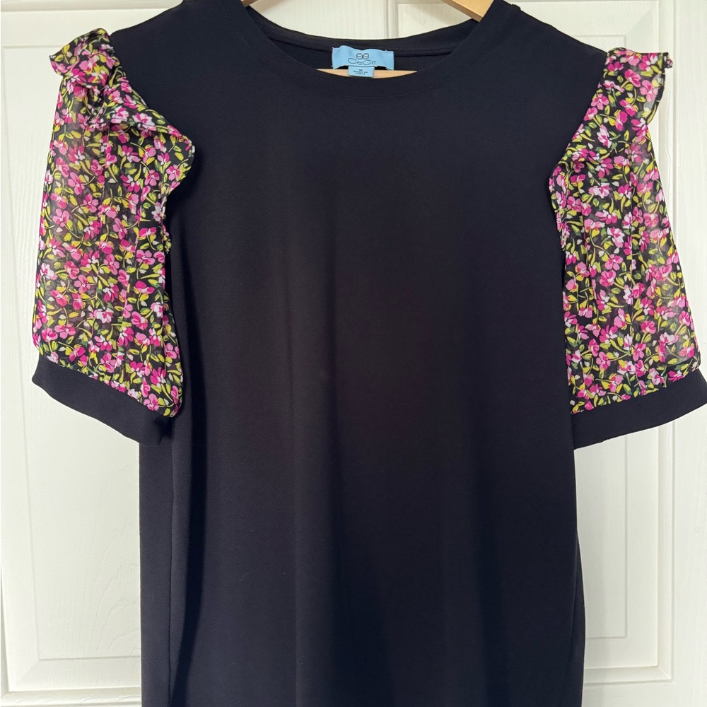 CeCe Flutter Sleeve Ruffled Blouse in Black and Pink